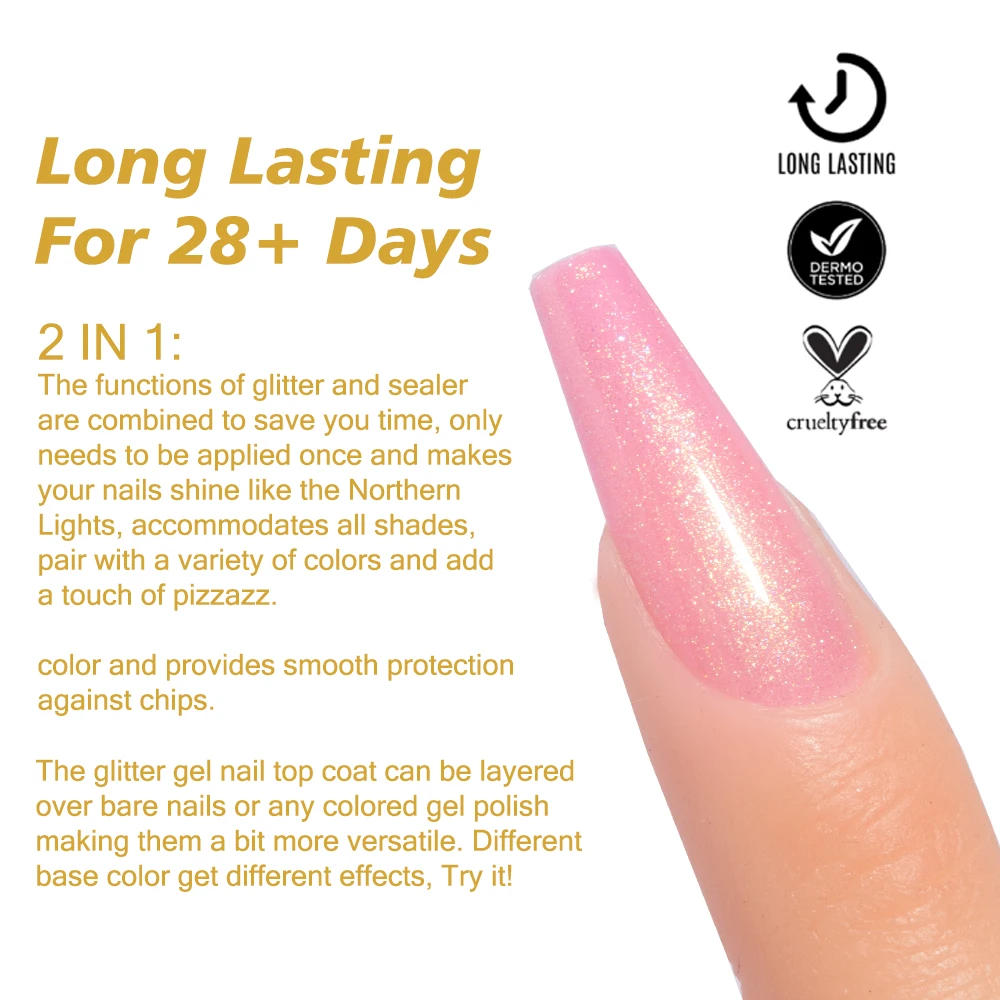 KODIES GEL Sparkle Top Coat Gel Nail Polish 2 IN 1 Shimmery Gold Gel Finish Sealer No Sticky Semi Permanent UV Manicure Nail Art