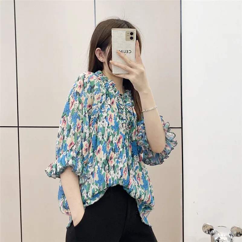 Women New Spring Chiffon Necklace tie Sexy Ruffled Sweet Blue Floral Elegant Vintage Tops Butterfly Sleeve Lightweight Blouses