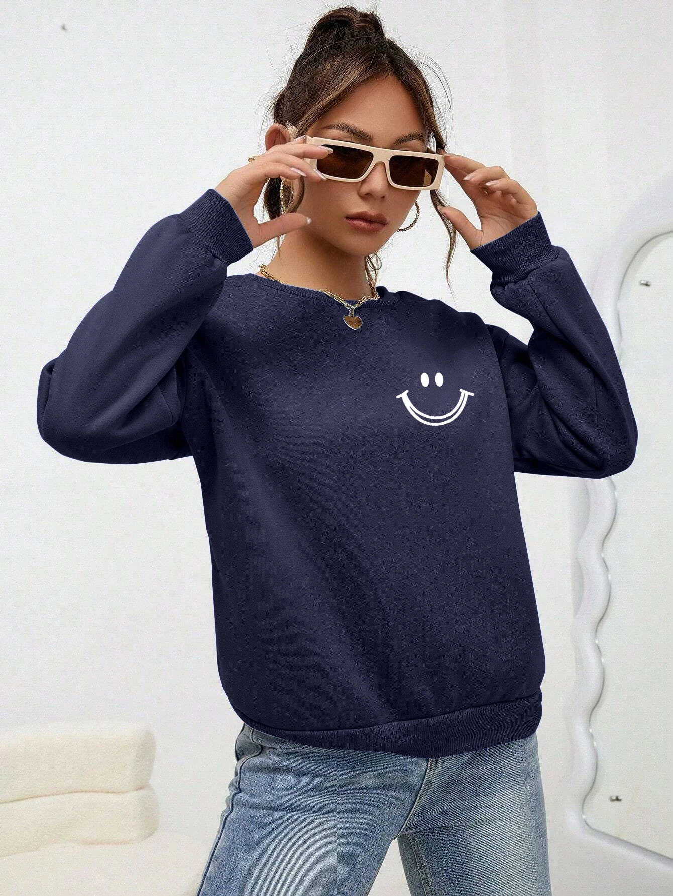 Smiling Face Printing Tops Women Fashion O-Neck Sweatshirt Autumn Fleece Casual Tracksuit Hip Hop Loose Versatile Clothes Female