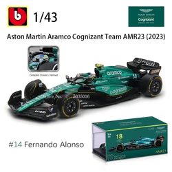 Bburago 1:43 F1 Aston Martin Aramco F1 Team AMR23 2023 #14 Alonso #18 Stroll Alloy Car Die Cast Model Toy Collectible