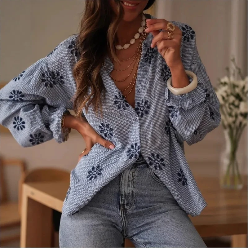 

2026 Women's Collar Floral Print Long Sleeved Loose Bubble Sleeve Casual Shirt Top For Spring And Summer Versatile Commuting Top