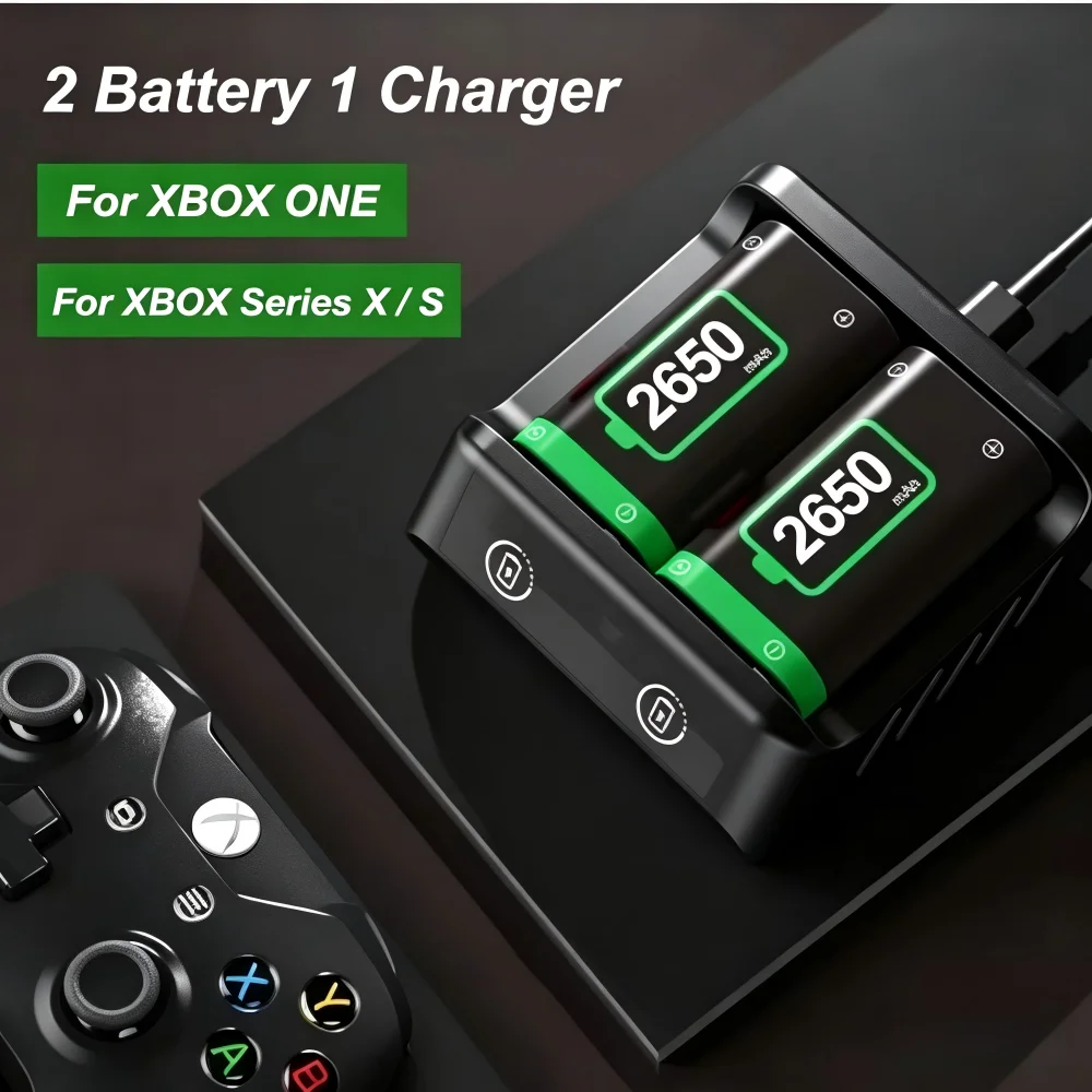 2-Pack 2650mAh Rechargeable Battery Pack + Charger Dock + USB Cable For Xbox One/Series X/S/Elite Wireless Controller