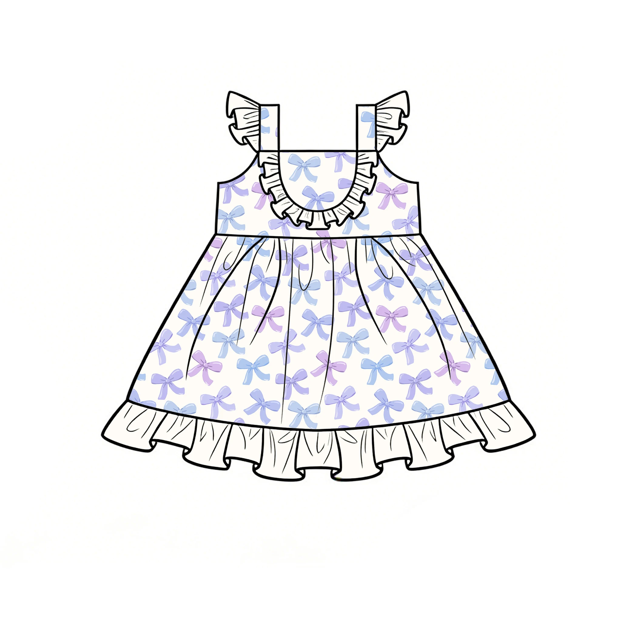 Girls' Flutter Sleeve Ruffle Trim Dress Pastel Bow Print Customizable Square Neck Sleeveless Toddler Dress Casual Kids Sundress