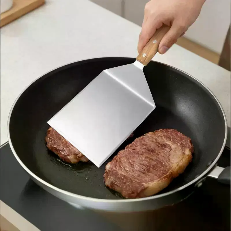 Stainless Steel Steak Spatula Non-stick Pancake Barbecue Tongs Wood Handle Frying Fish Spatula Rust Resistant Kitchen Tool