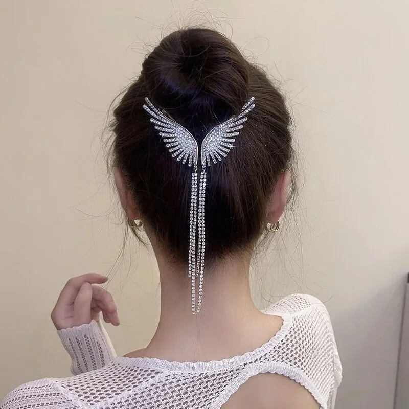 Delicate Angel Wings Ponytail Clasp Pearl Rhinestone Tassel Hair Clips Korea Elegant Shark Clip Girls Sweet Hair Accessories