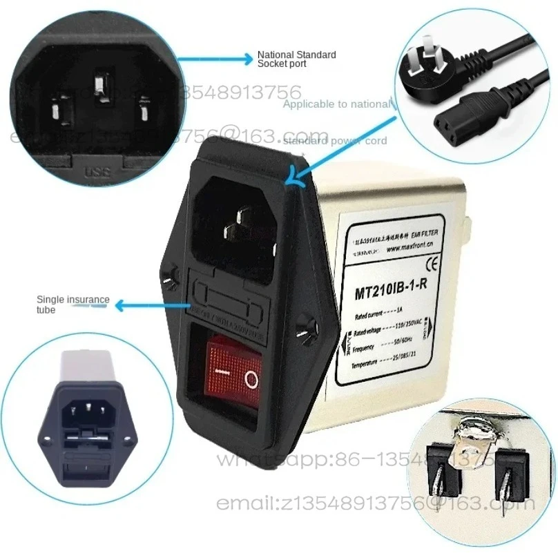 IEC Amplifier Chassis EMI Power Filter 220V Socket with Single Fuse Red Light Small Switch MT210IB-R Spot Quick Shipping