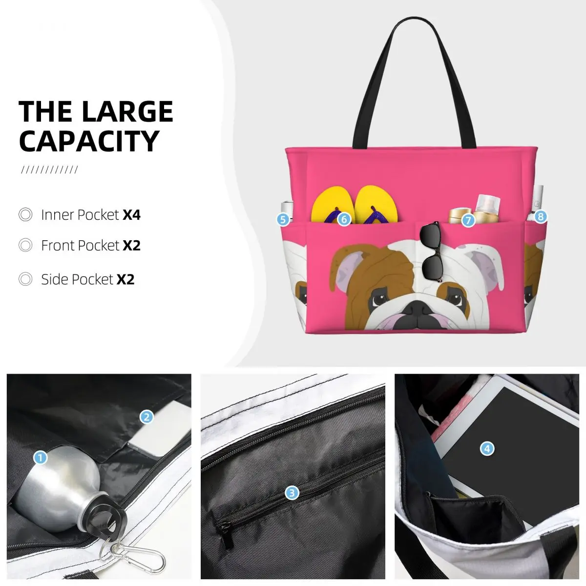 Bulldog inglese Cute Dog Portrait Beach Travel Bag, Tote Bag regali per lo Shopping personalizzabili regalo di compleanno modello Multi-stile