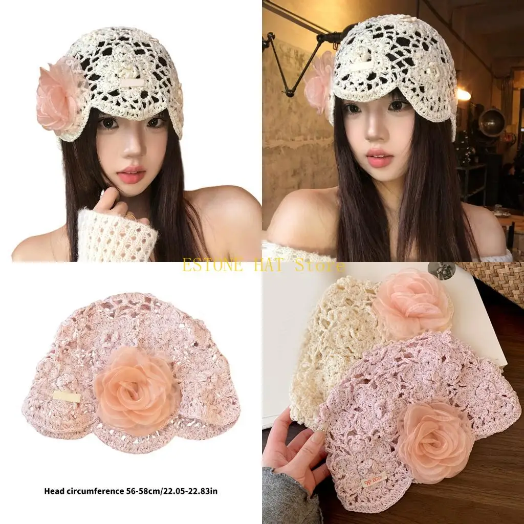 

49MF Стильный женский тканый берет с художественным растительным декором и воздушным сетчатым узором для многократного