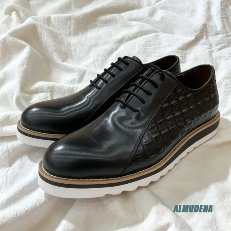 Fashion Men's Oxford Shoes Smooth Texture Splicing Leather Lace Up Wave Edge Thick White Sole Outdoor Daily Walking Dress Shoe