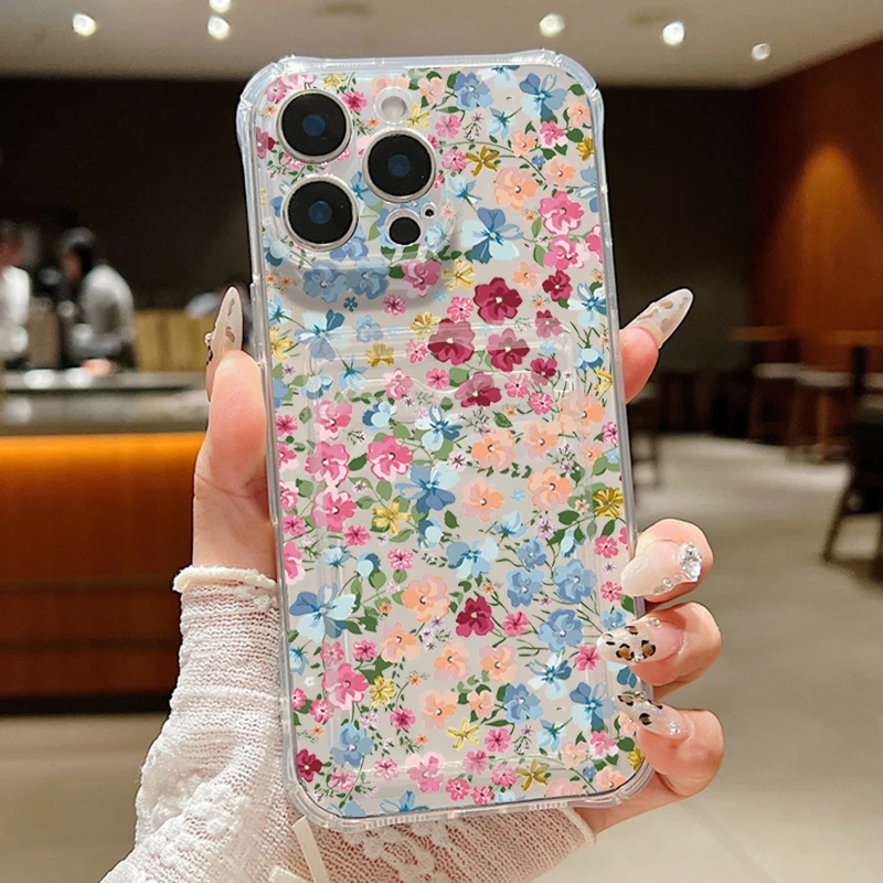 Case For iPhone 16 Pro Max Luxury Card Slot Garden Small Flowers Clear Soft Silicone Cover For iPhone 11 12 13 14 15 Pro Max