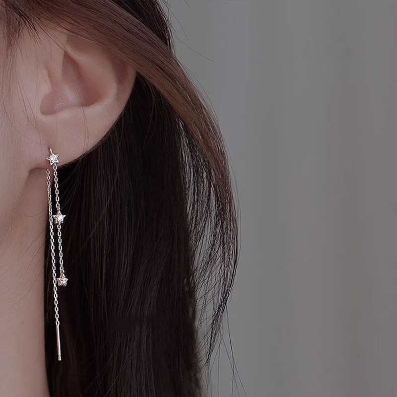 

Mini Five Pointed Star Zircon Earrings Light Luxury High Grade 925 Silver Ear Line Daily Commuting Long Tassel Earrings KOFSAC