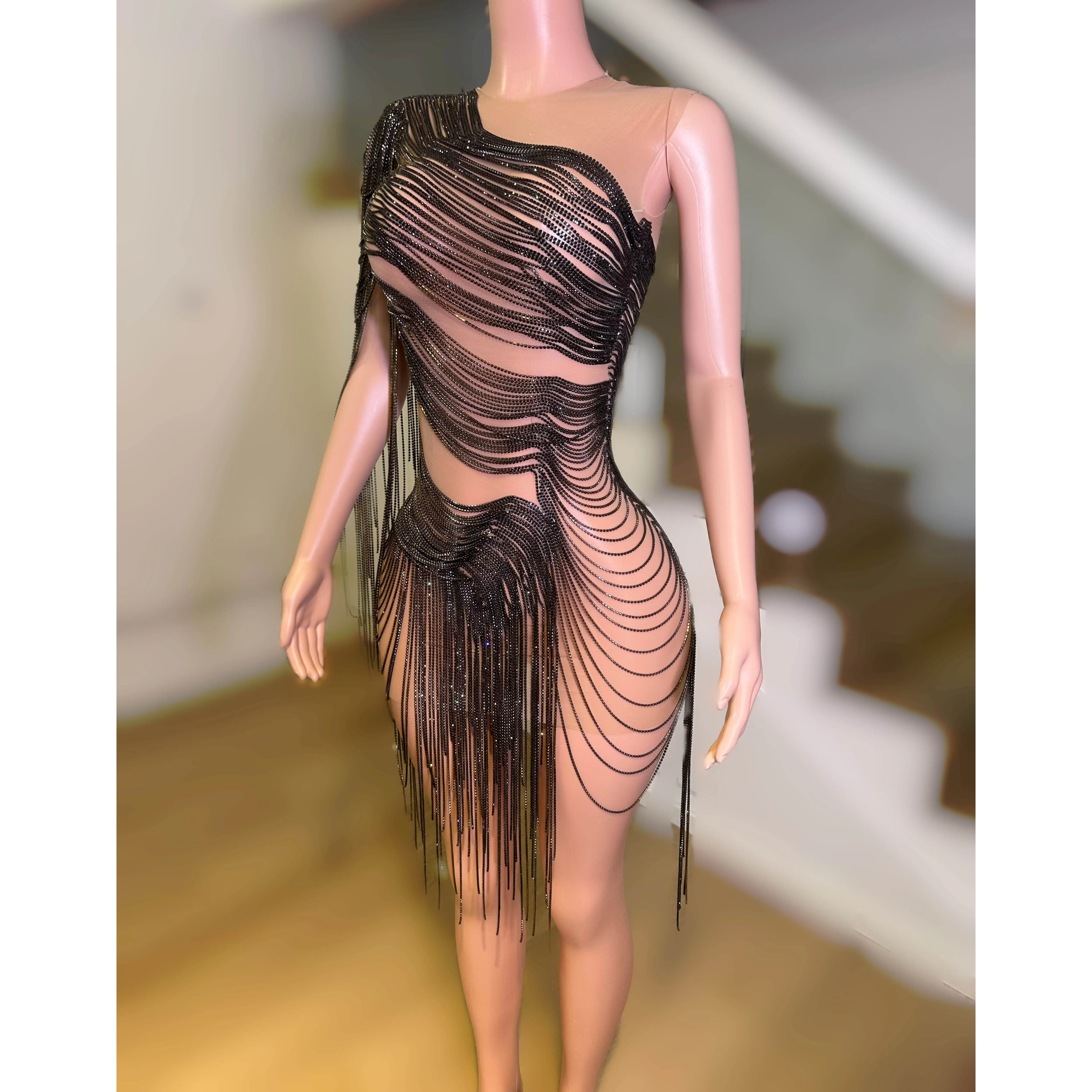 Nightclub Bar Female Singer DJ Leading Dance Stage Sexy Performance Dress Diamond Chain Perspective Mesh Party Theme Show Dress