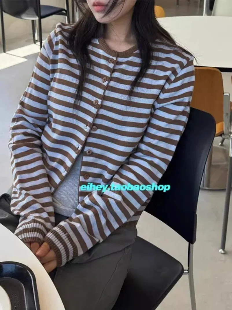 

Korean Striped All-match Tops Mujer Autumn New Single Breasted Knitted Cardigan Y2k Long Sleeve Slim Fit New Sweaters Mujer
