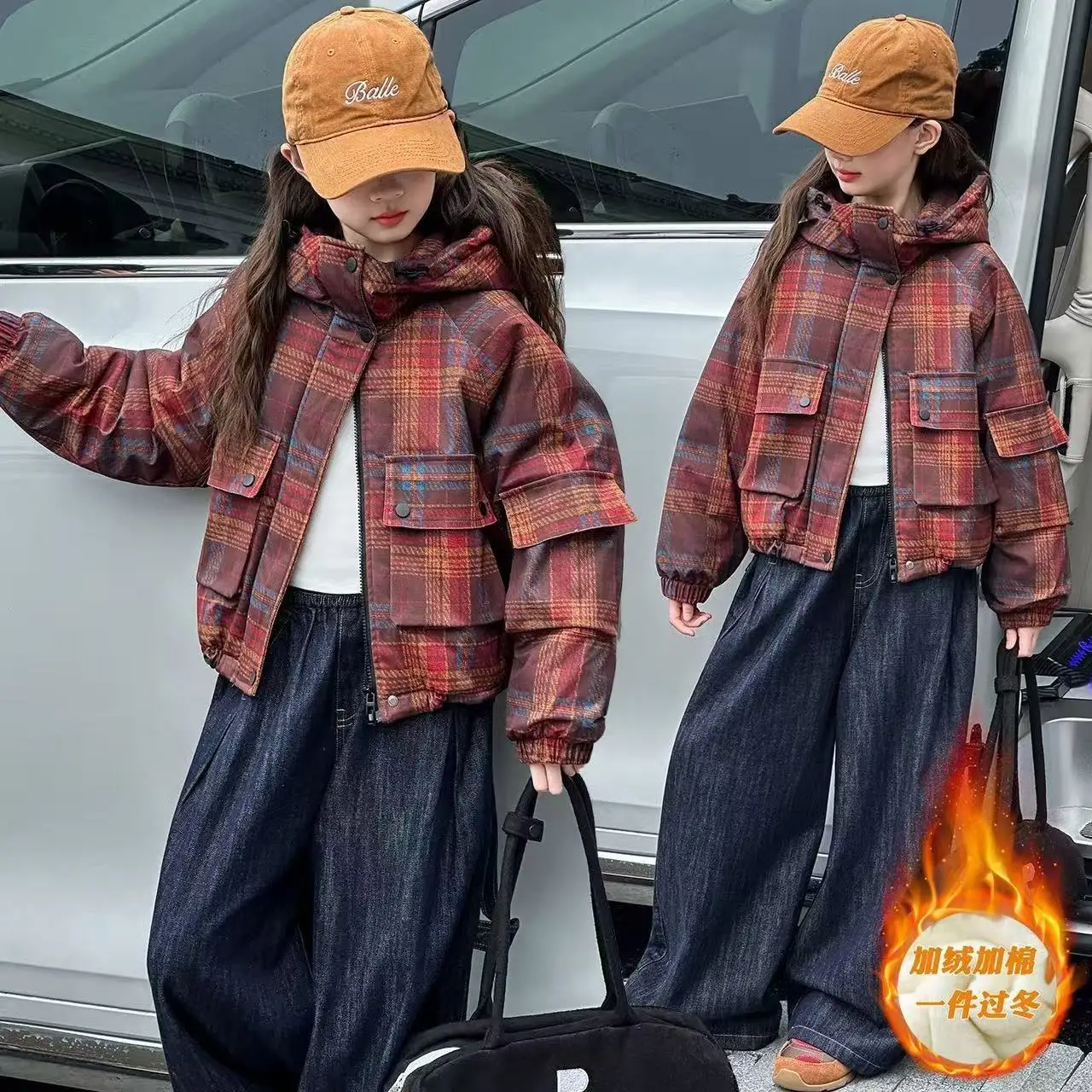 Girls' Autumn/Winter Fleece-Lined Coat Arrival Children's Winter Thickened Checked Cotton Jacket Older Children's Winter Parka