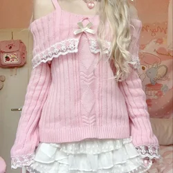 Pretty Cute Outfits Harajuku Cosplay Sweater Lace Trim Off Shoulder Pullovers Aesthetic Vintage Long Sleeve Jumpers