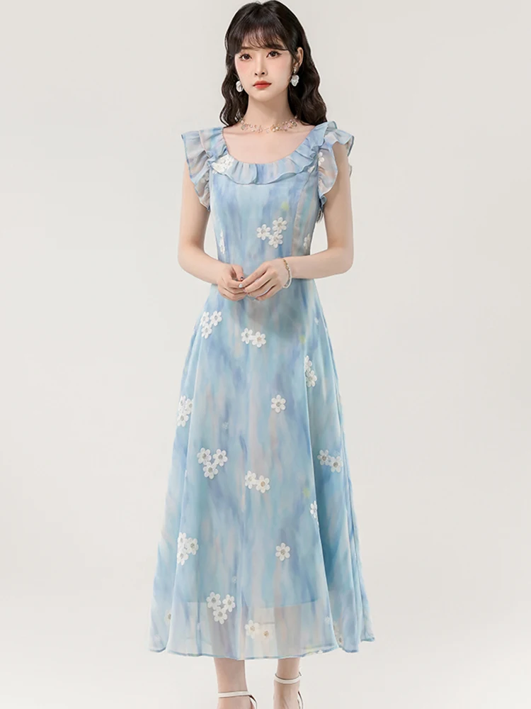 

Women Blue Chiffon Embroidery Floral Casual Long Dress Summer Elegant Bow Ruffled Collar Dress 2025 Korean Bodycon Festival Robe