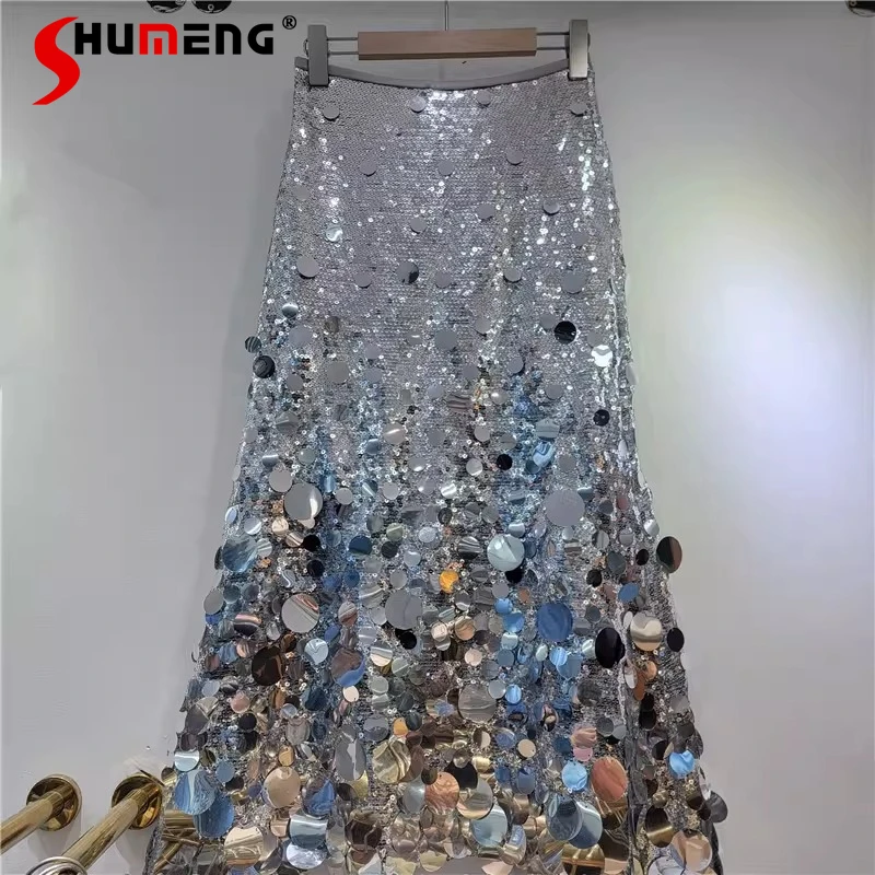 

Женская юбка 2026 года: новая модная юбка с пайетками, высокая талия, комфортная, средней длины, прямая, женская, блестящая, легкая роскошная юбка