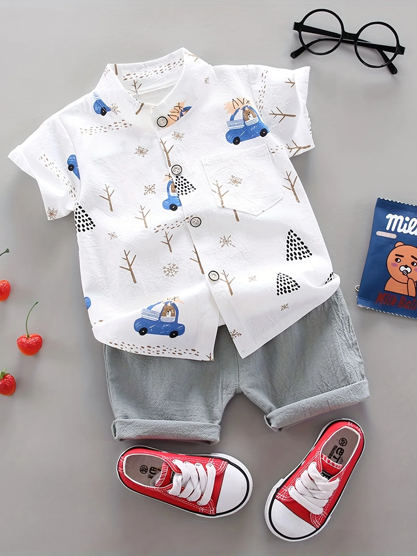 Infant and toddler summer full print bear driving pattern short sleeved shorts set for outdoor standing collar shirt fashion two