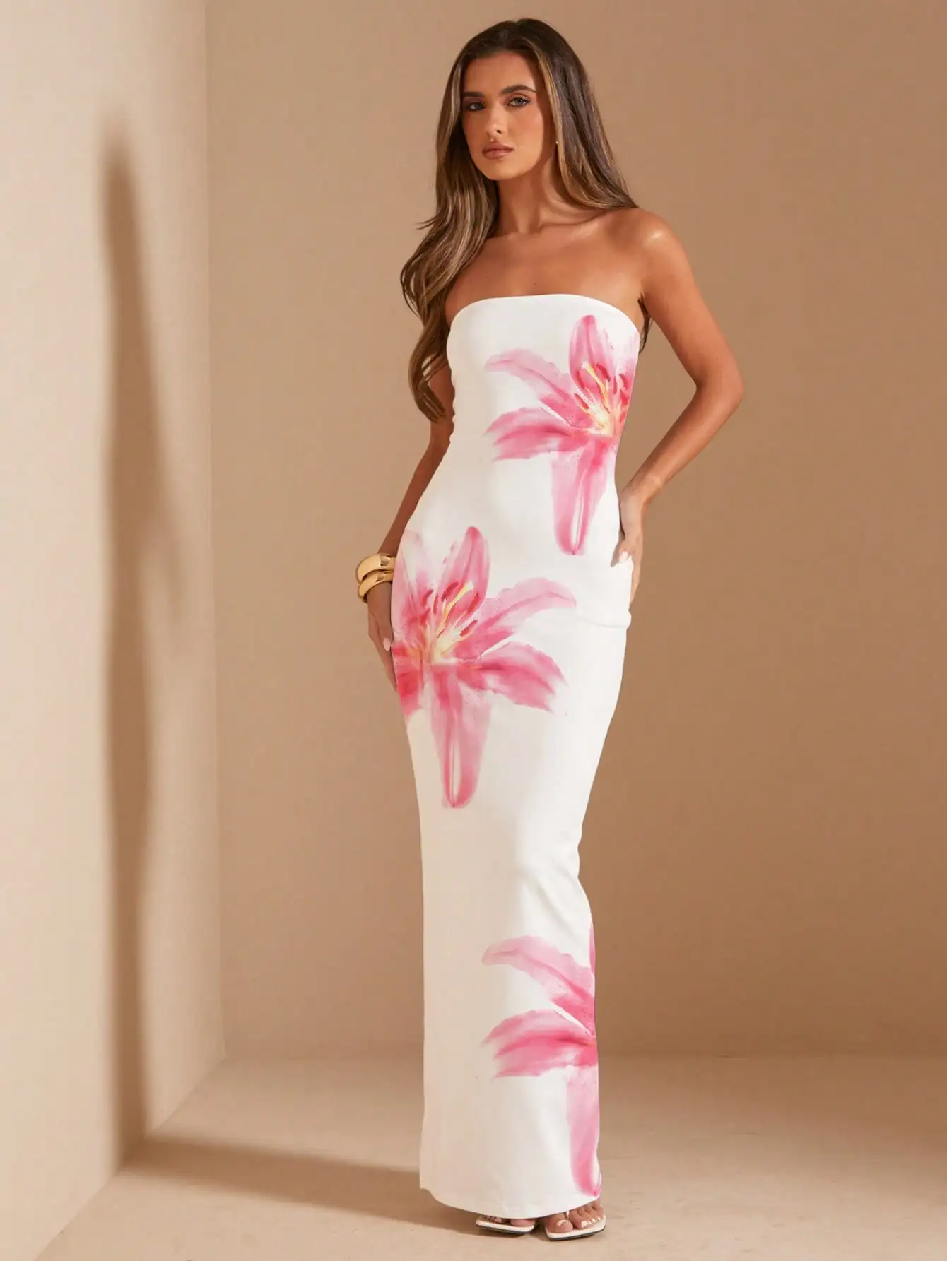 

White Floral Print Strapless Maxi Dress for Summer Vacation