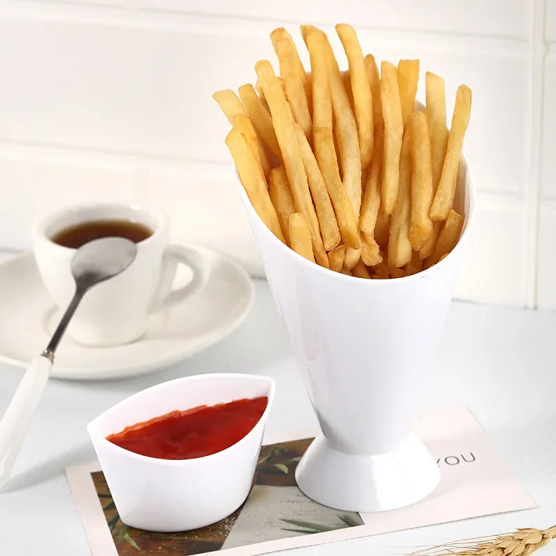 2 In 1 French Fries Cups Plastic Cups Sauces Snacks Dessert Plate Ketchup Slant Cup Two Cup Spout Kitchen Accessories