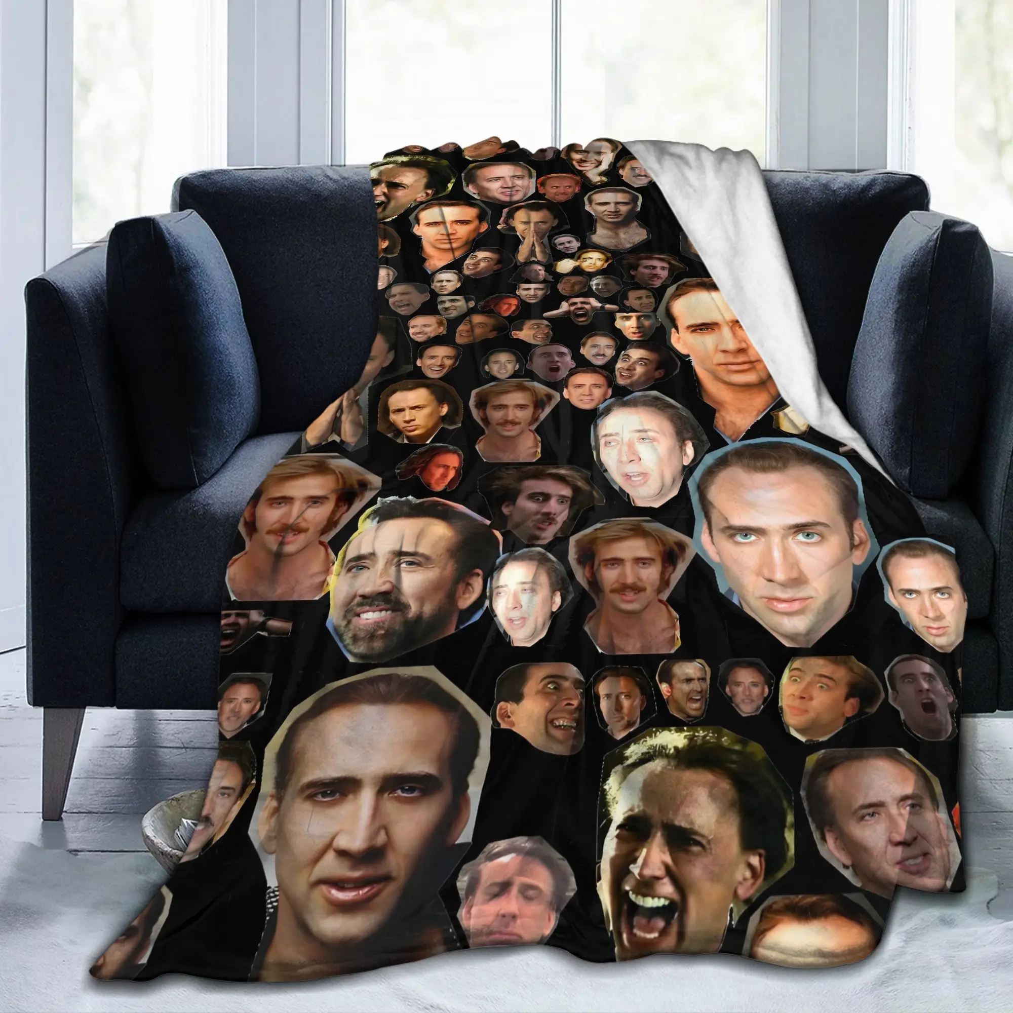 Custom Sofa Fleece Nicholas Cage Throw Blanket Warm Flannel  Faces Expression  Blankets for Bed Office Couch Bedspreads