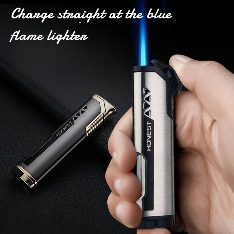 Metal Direct-flush Windproof Blue Flame Lighter Personalized Gift Inflatable Lighter Men's Cigarette Accessories