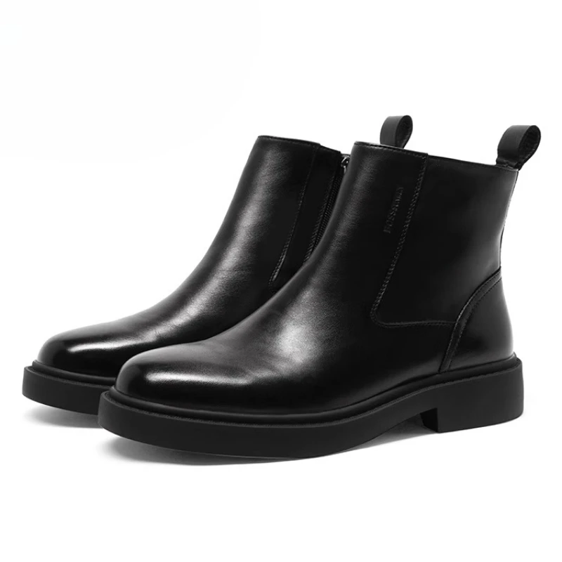 

British Style Thick Soled Height Increasing Shoes for Men's Chelsea Casual Shoes Genuine Leather and Short Plush High Top Shoes