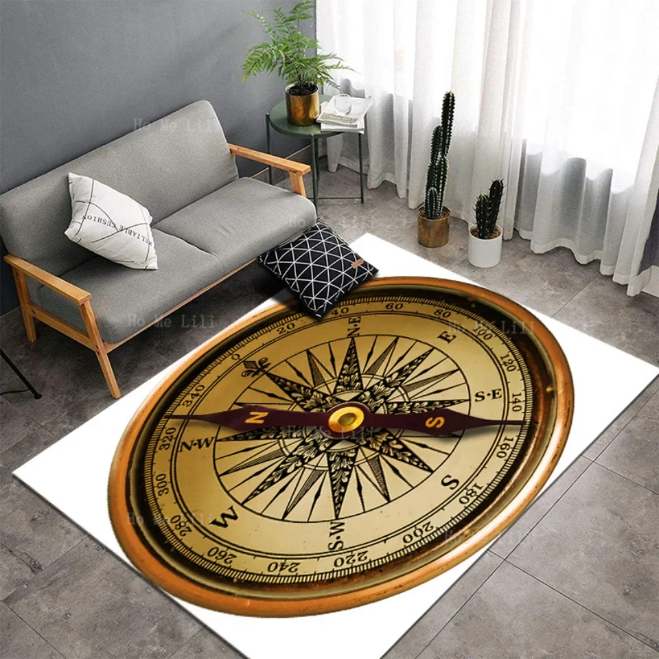 Antique Brass Vintage Compass Cover Old Compass Wall Clock Non Slip Flannel Floor Rugs By Ho Me Lili