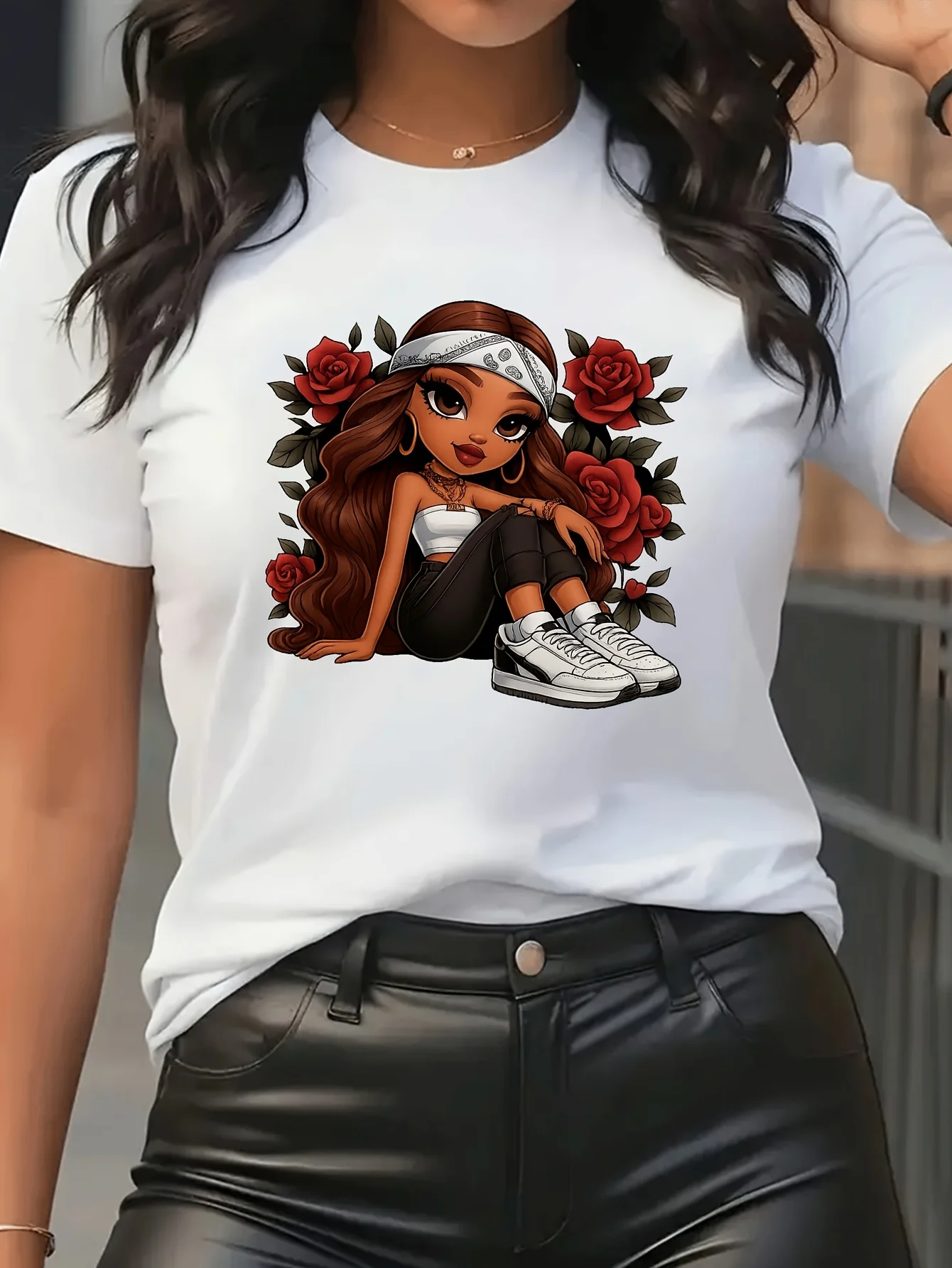 

Fashion, Creative Portrait Rose Pattern Printing, Women'S Adult Casual Short Sleeved Shirt, Comfortable Fit, Sisters Clothes