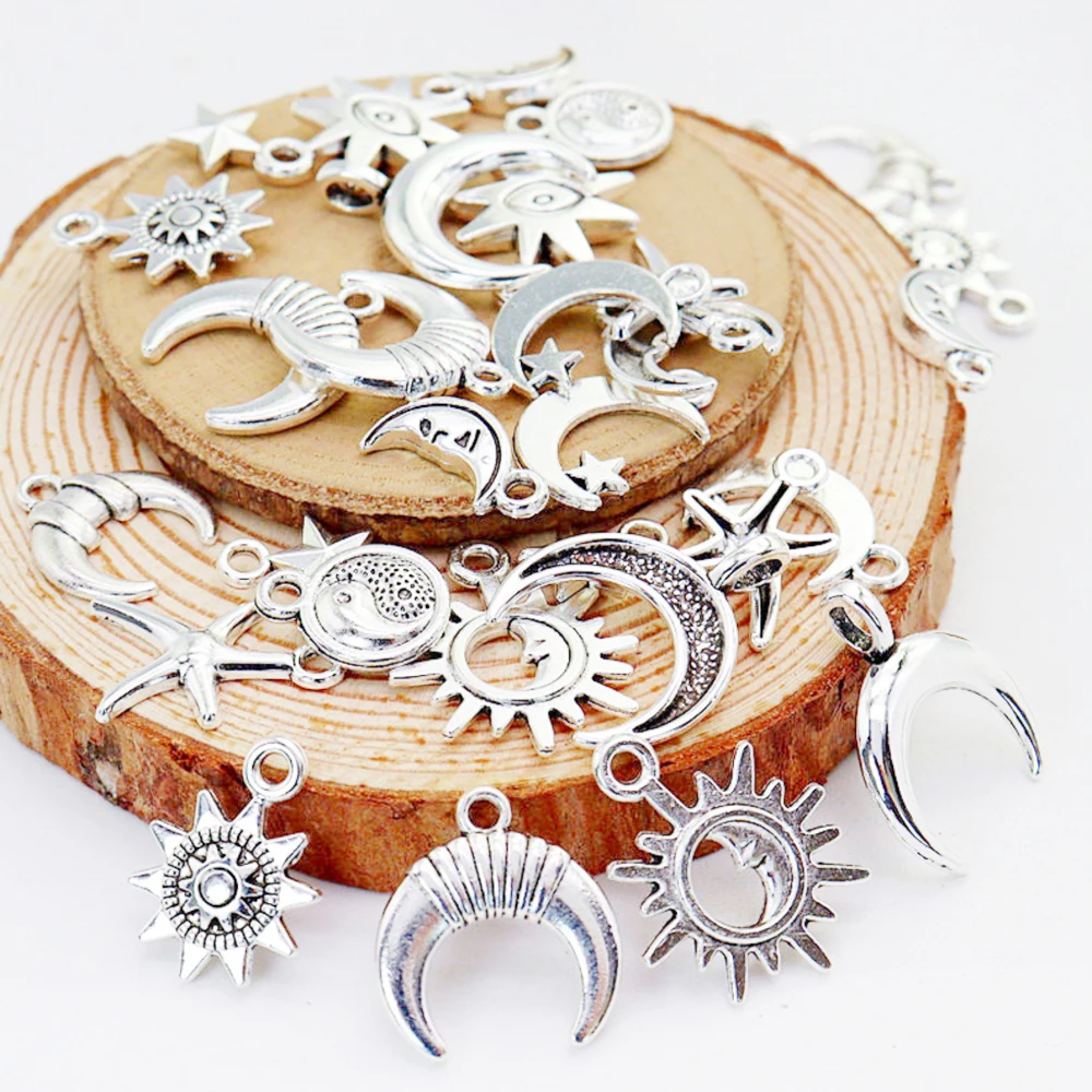 30/pcs Vintage Mixed Metal Sun Moon Star Charms Beads Handmade DIY Bracelet Pendant Necklace Clips Jewelry Making Findings