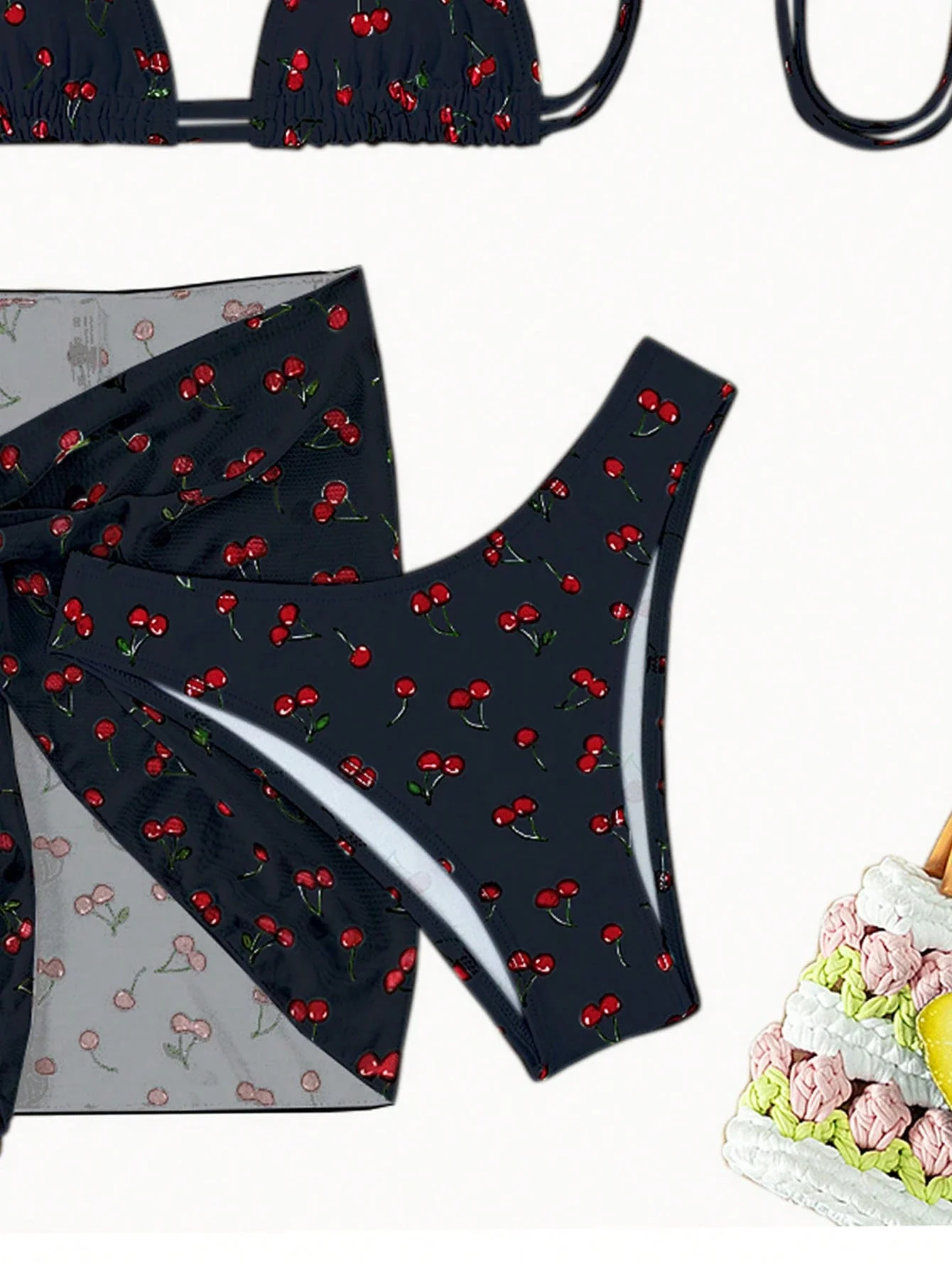 Cherry Print Halter Triangle Bikini Set With Beach Skirt
