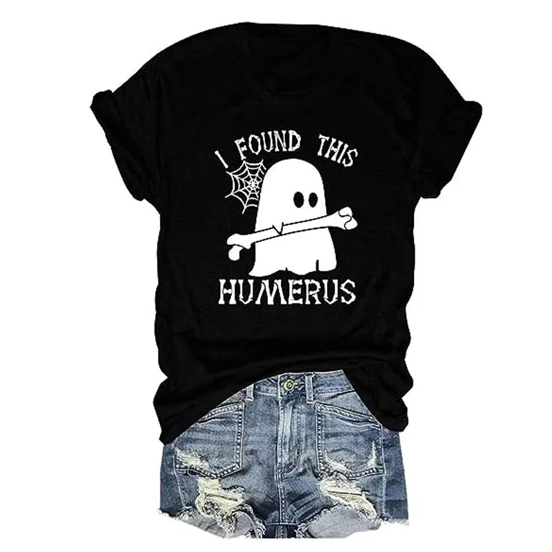 Womens Funny Humerus Halloween T-Shirt Ghost Boo Humorous Bones Crew Neck Tops Short Sleeve Humorous Pun Halloween Costume Gifts