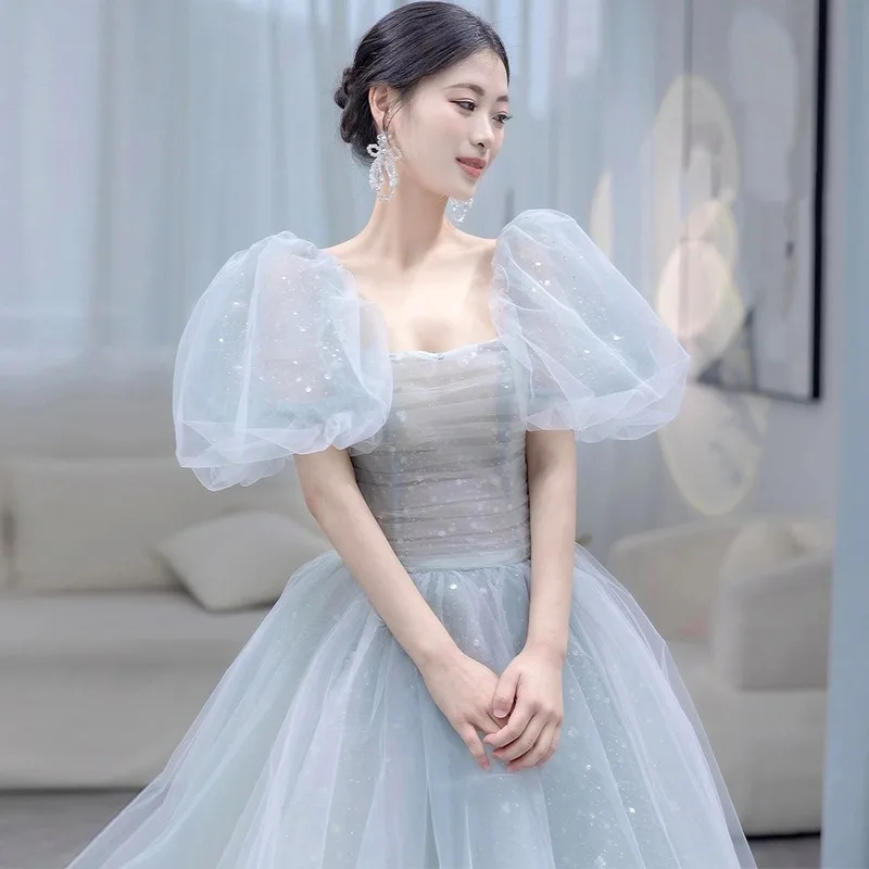 

Princess Blue Starry Evening Dress 2025 New Fantasy Fluffy Skirt Tube Top Bubble Sleeve Formal Women Elegant Wedding Dresses