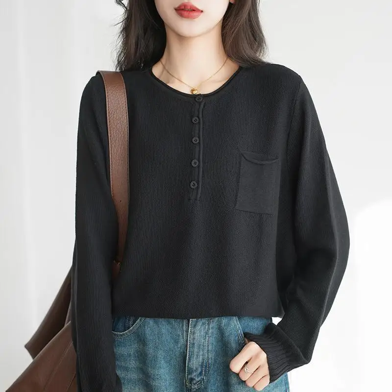 Chemise de Base tricotée à col semi-ouvert et boutons en fil de coton pur pour femmes, haut Design de pull ample et à la mode