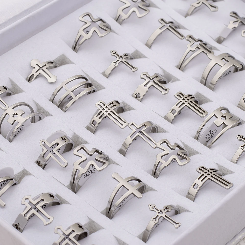 36Pcs/Lot Wholesale Stainless Steel Ring For Hollow Cross Jewelry Charms Finger Decoration Gift