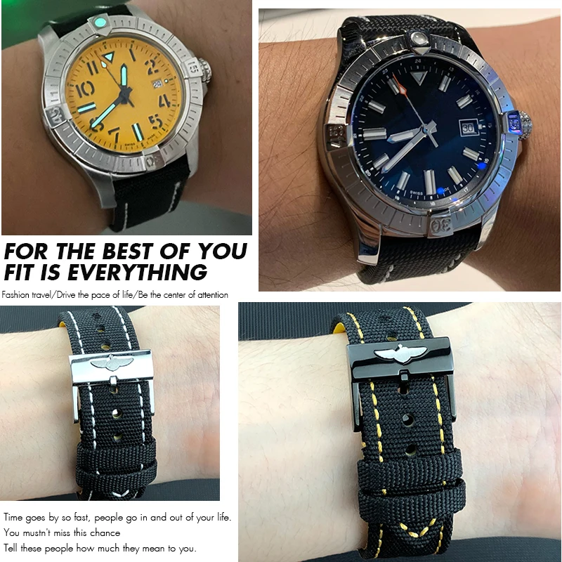 Quality Thick Nylon Leather Watchband 21mm 22mm for Breitling Avenger CHRONOMAT NAVITIMER SUPEROCEAN Yellow Bottom Watch Strap view 4