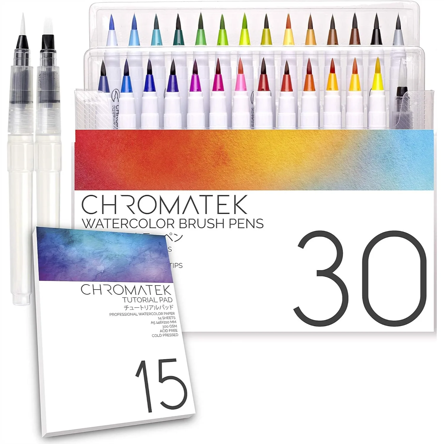 

Watercolor Brush Pens Set with Tutorial Pad & Online Videos, 27 Colors + 3 Aquapens, Complete Painting Kit for Artists