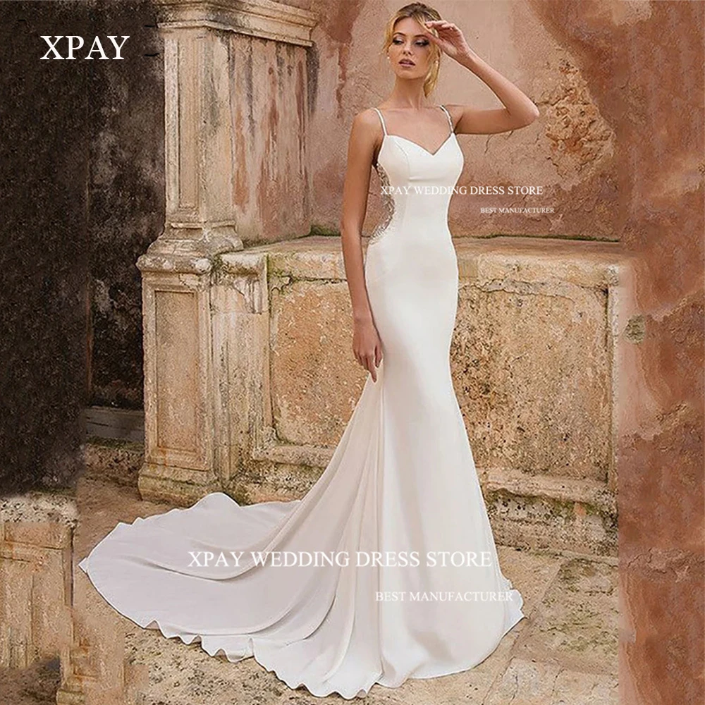 XPAY Spaghetti Straps Mermaid Wedding Dresses Elegant Stretch Soft Satin Applique Back Sweep Train Bridal Gowns Women Vestidos