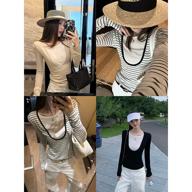 

Осень 2022, новая поддельная двухсекционная футболка с длинными рукавами, женская корейская дизайнерская облегающая рубашка, топ