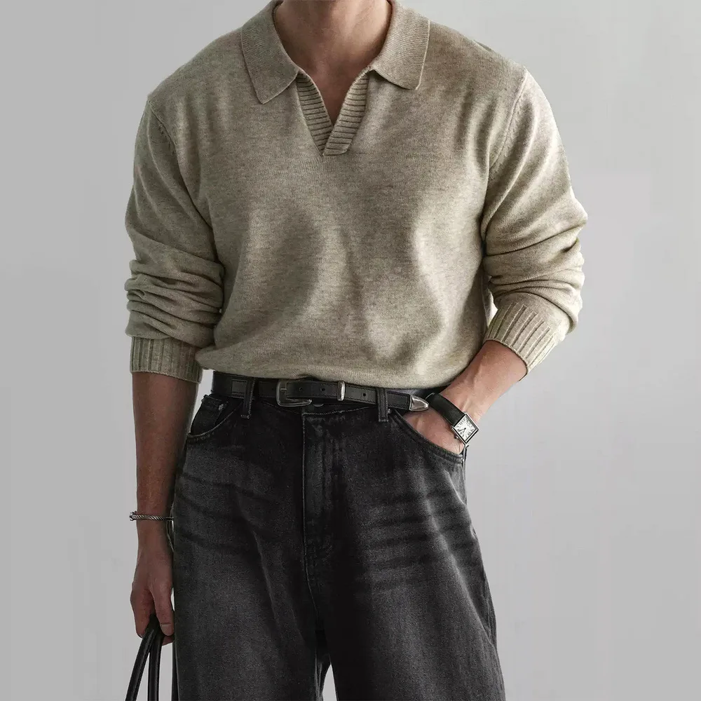 POLO shirt lapel neck knitted sweater men's V-neck light luxury business outer sweater