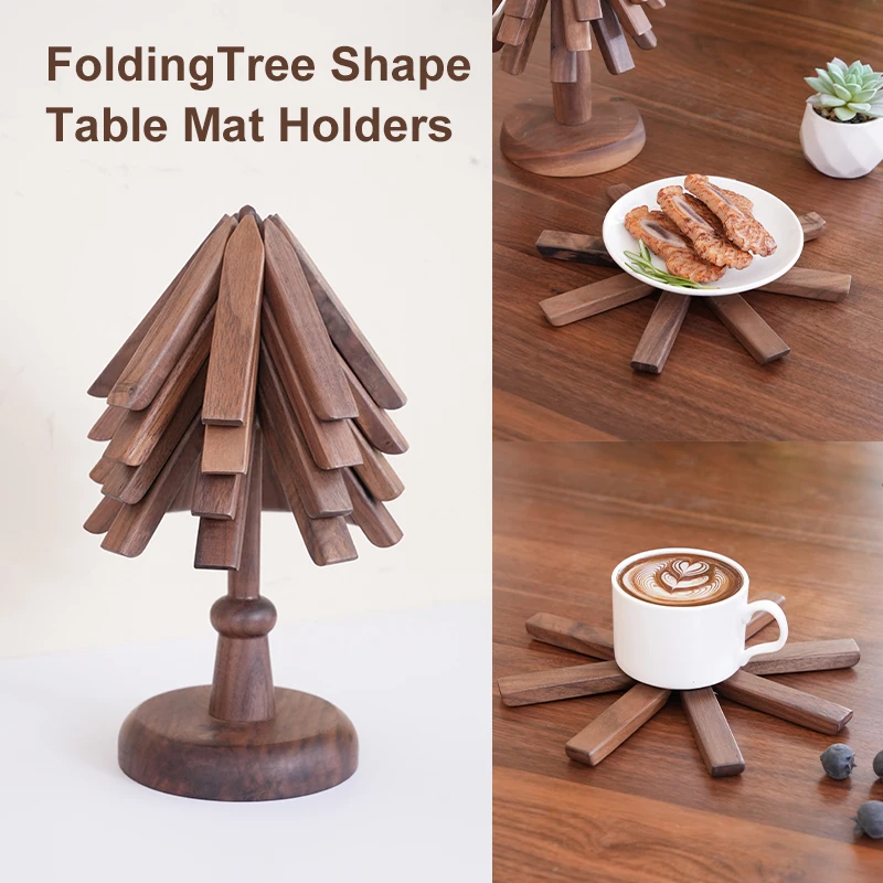 

4-piece wooden insulation pad, foldable tree shape, black walnut dining table mat stand, insulation pad set, pot heat insulation