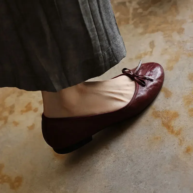 Washed Sheepskin Genuine Leather Ballet Flats Women Ultra Soft Lightweight Round Toe Bowknot Slip on Spring Autumn Casual Pumps