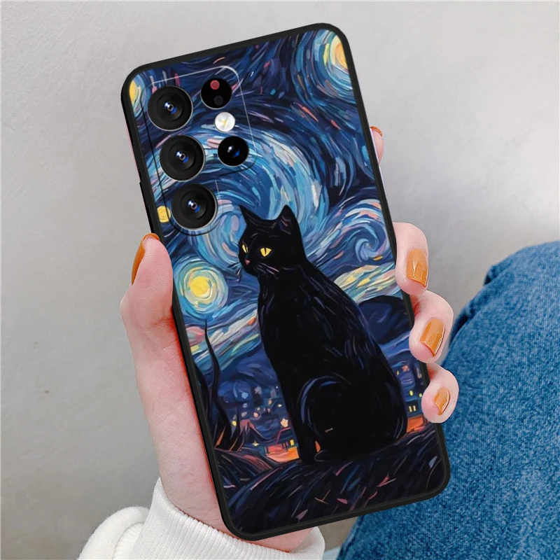 Art Starry Sky Cat For Samsung M62 M52 M33 M32 M31 M30 M23 M22 M21 Note 20 10 Ultra Plus Black Phone Case