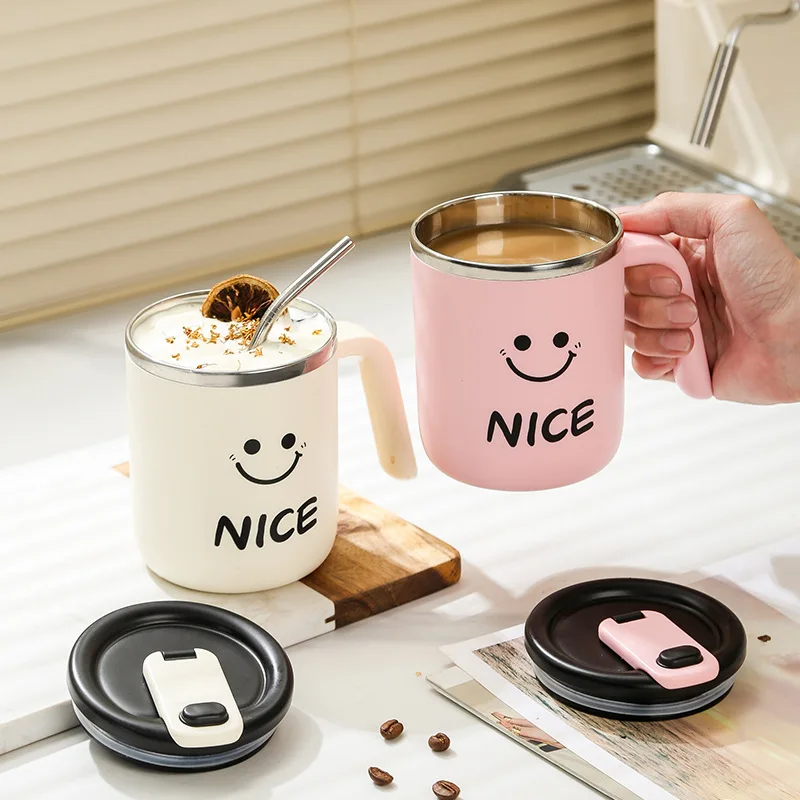 JUSTINLAU 304 Stainless Steel Smiling Face Mug Double-layer Anti Scald with Lid Water Cup Office Coffee Cup Practical Gift Cup
