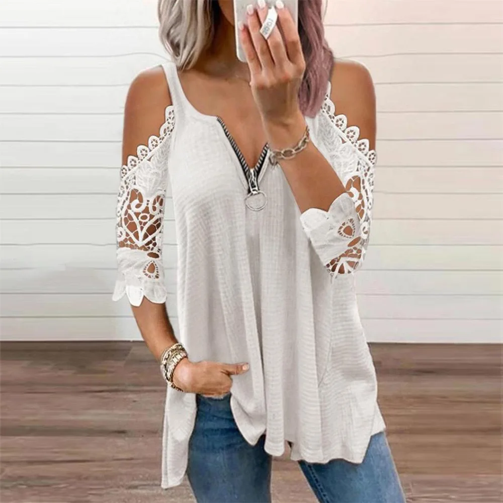 White Lace Patchwork Shirts Women Sexy Hollow Out Half Sleeve Blouse Female Elegant Fashion Casual Single Breasted Shirt Tops