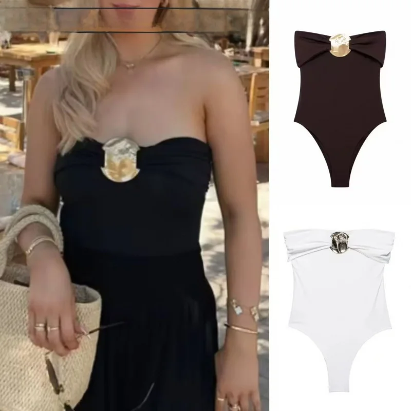 

Сексуальный атласный боди с глубоким V-образным вырезом, металлическими элементами, на одно плечо, облегающий, купальник, модный, ультратонкий, из полиэстера...