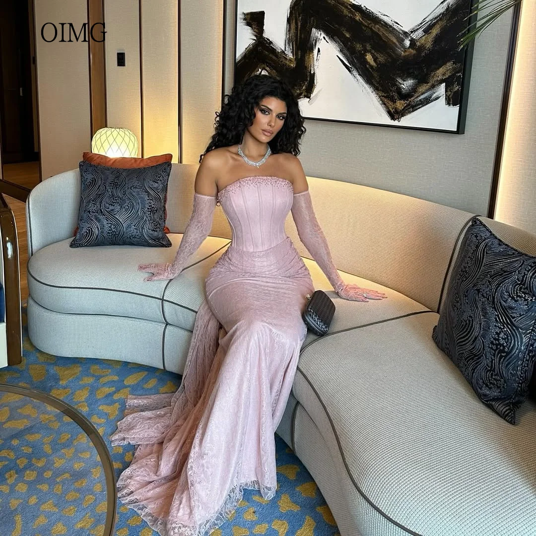 

OIMG Pink Beaded Strapless Mermaid Prom Gowns Backless Party Gown Lace Floor Length Evening Dress Without Gloves Customized