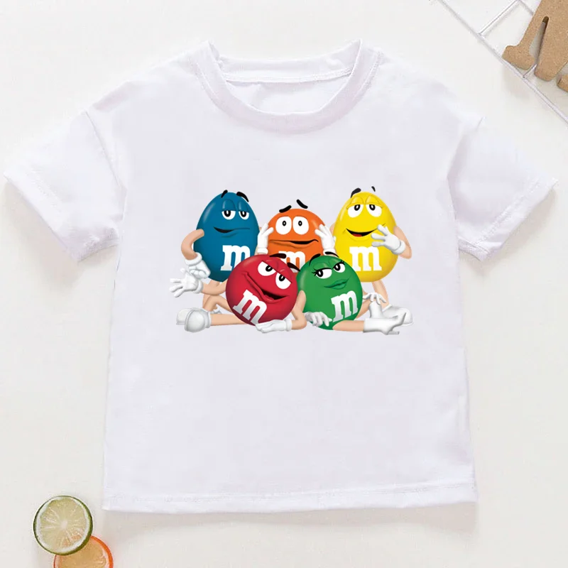 Hot Sale M&M's Chocolate Bean Print Funny Kids T shirt Girls Summer Tops Baby Boys Clothes Cartoon Children Short Sleeve T-shirt