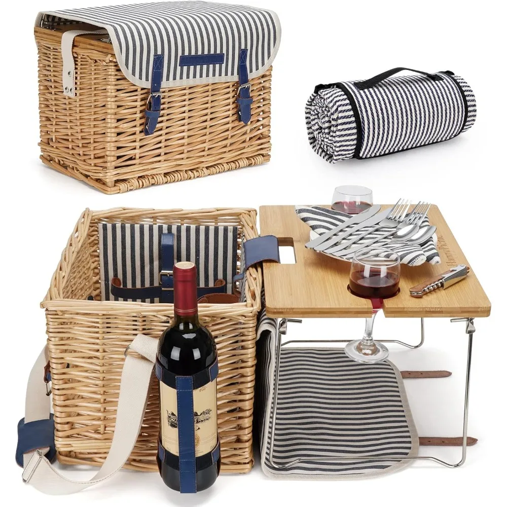 

Wicker Picnic Basket for 2 Persons Picnic Kit, Willow Hamper Service Gift Set