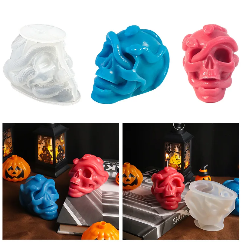 YixingdiyEpoxy Mold Halloween Double Snake Skull Candle Mould Plaster Decoration Silicone Mold